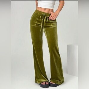 Olive Army Green Velvet Velour Track Pants Pocket Flare Drawstring S NEW Lounge